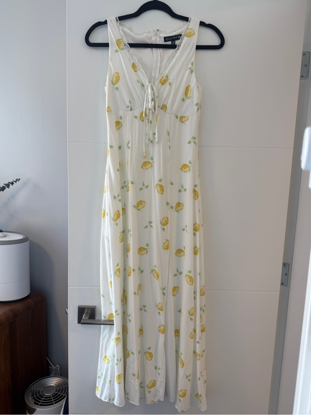 Crystal Doll White Lemon Print Lace Trim Maxi Dress XS